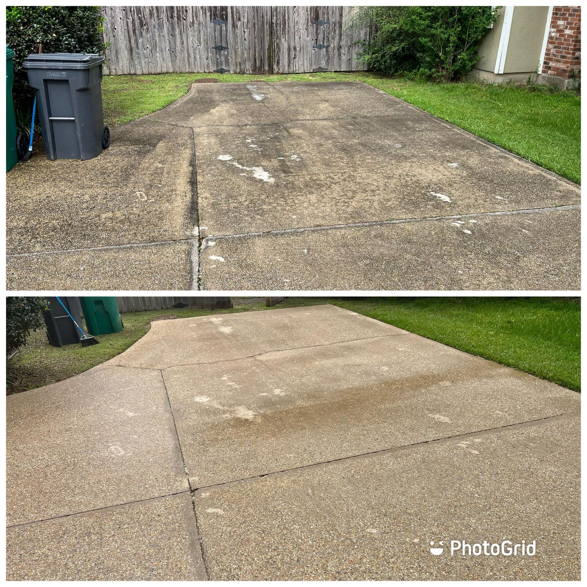A before and after photo of a concrete driveway.