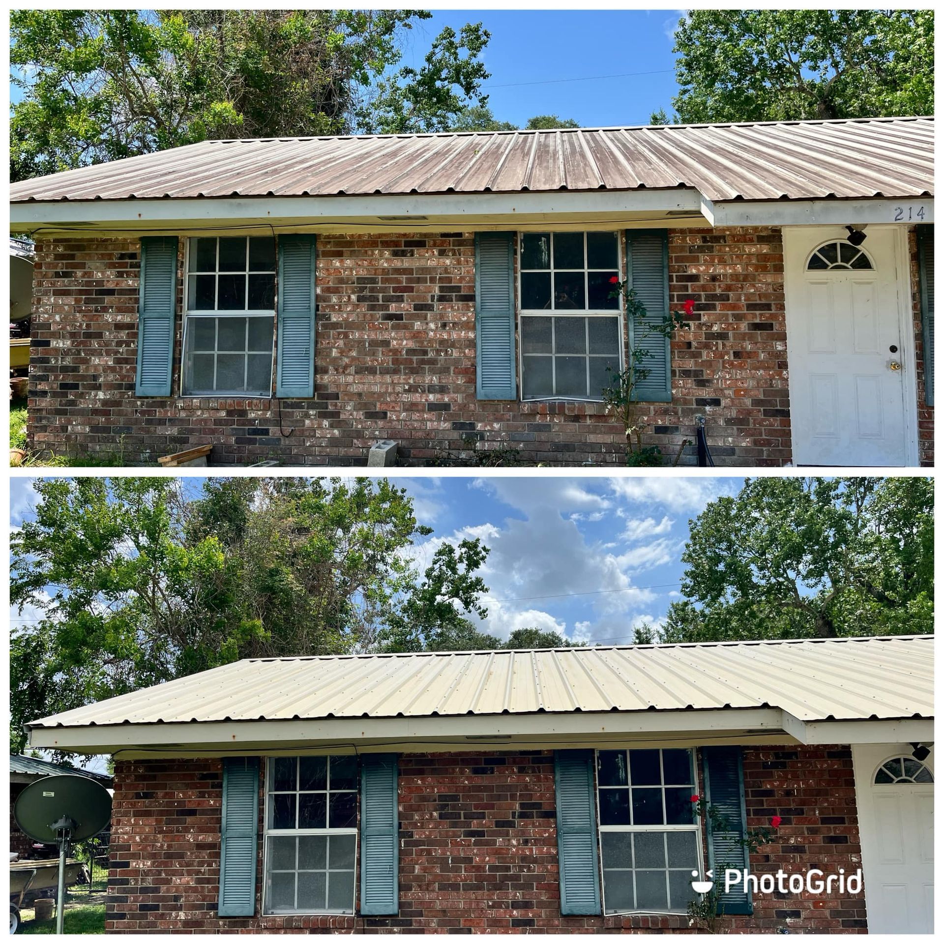 A before and after picture of a brick house with a metal roof.