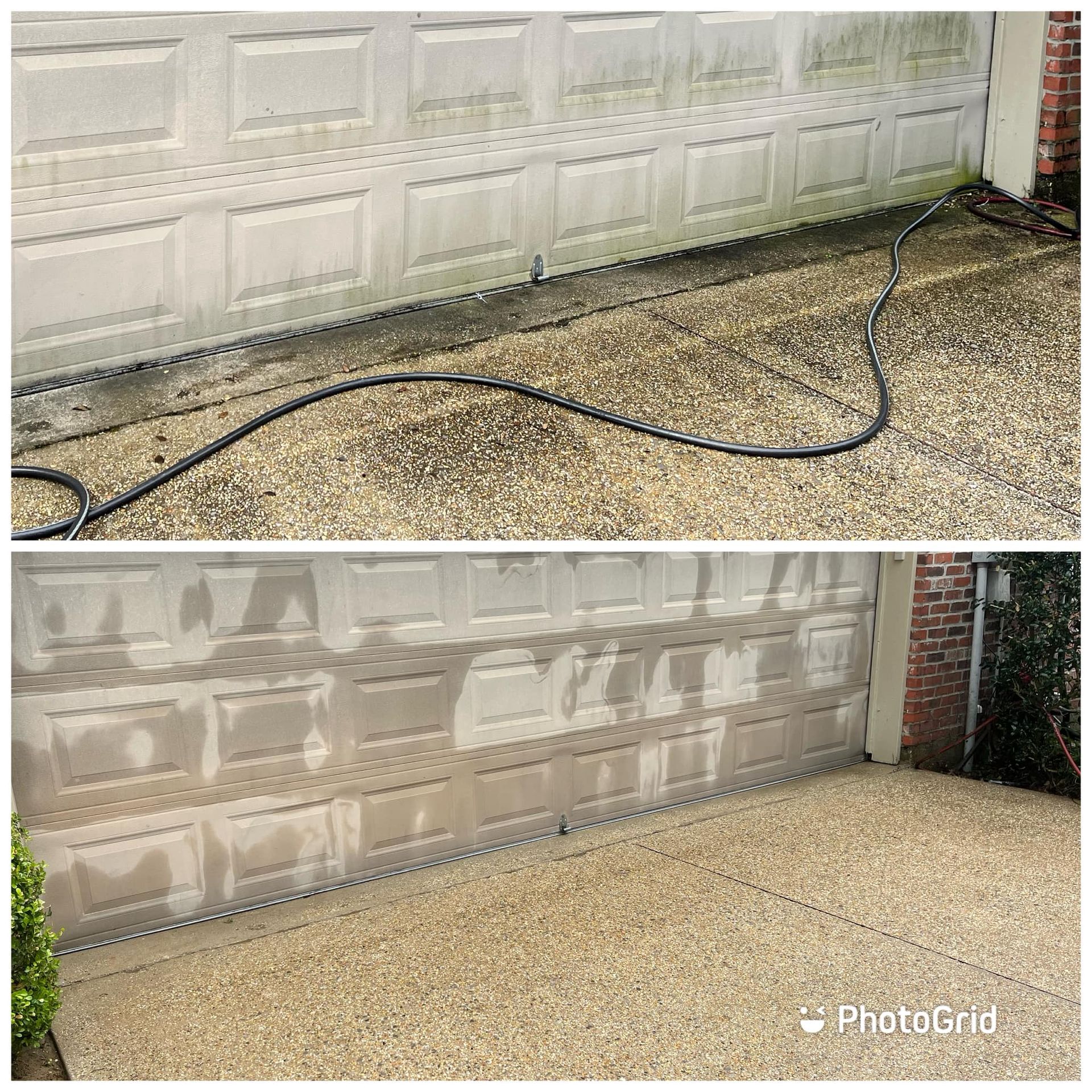 A before and after photo of a garage door being cleaned with a pressure washer.