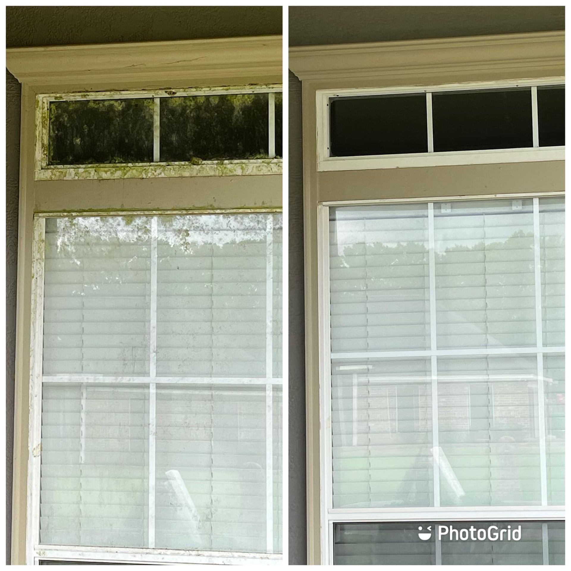 A before and after photo of a window with mold on it.