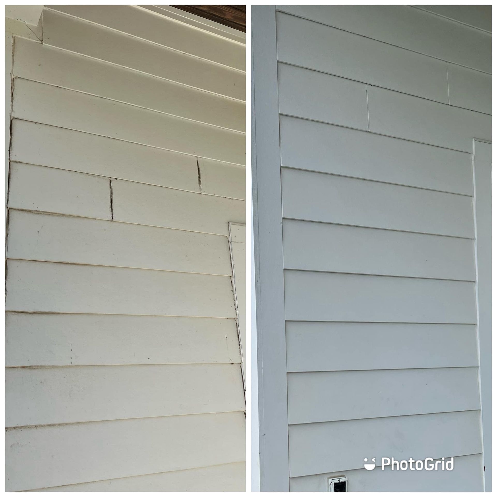 A before and after picture of a white siding on a house.