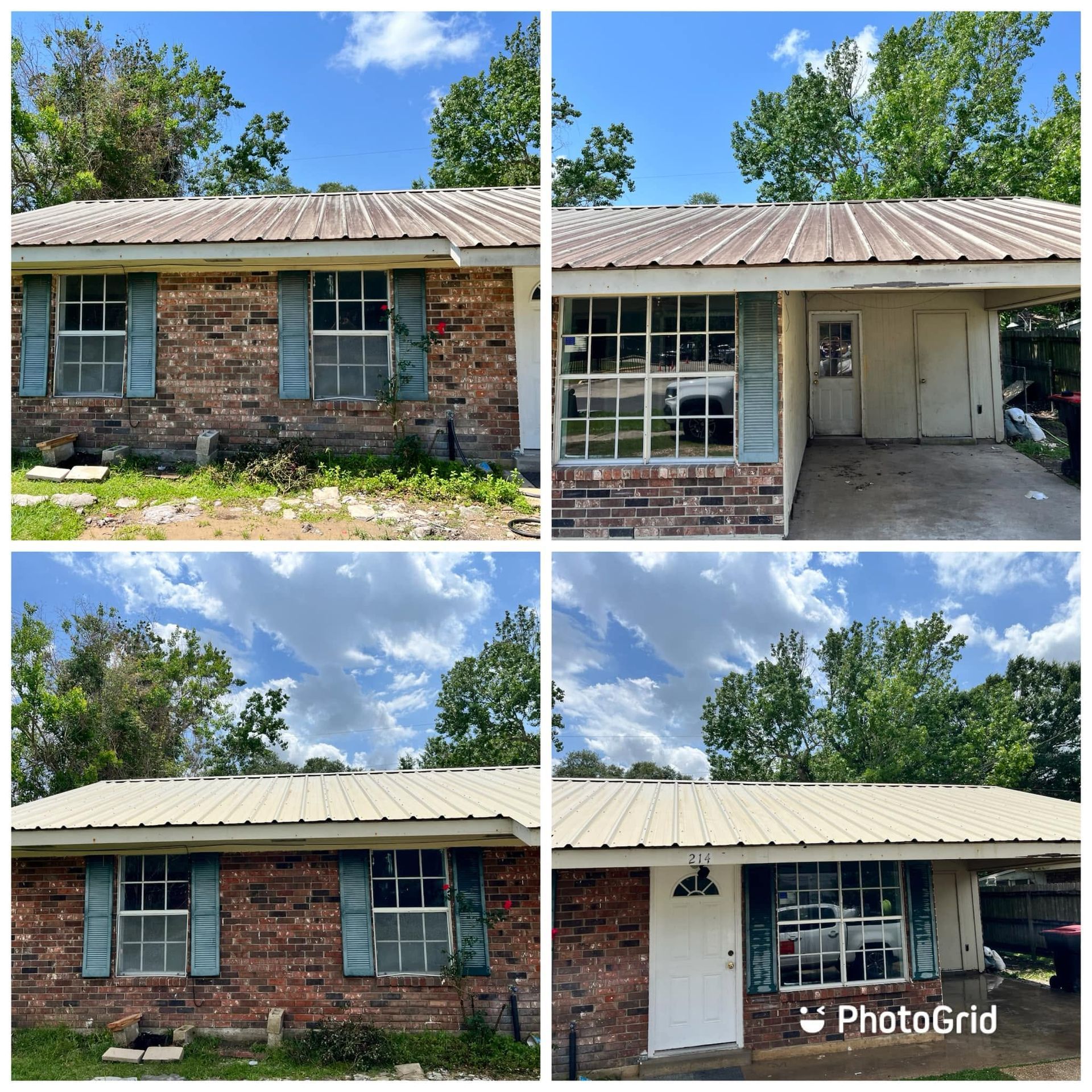 A before and after photo of a brick house with a metal roof