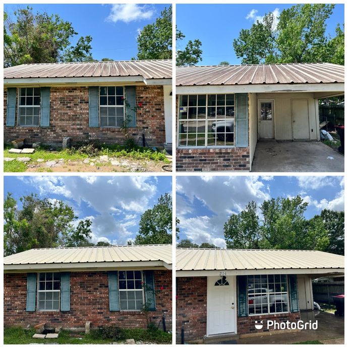 A before and after photo of a brick house with a metal roof