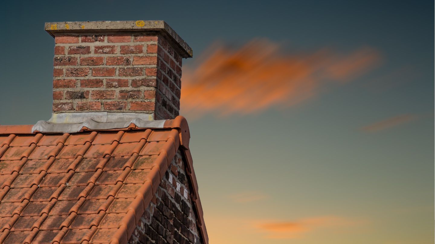 Brick chimney on a red-tiled roof with orange smoke against a dusk sky.
