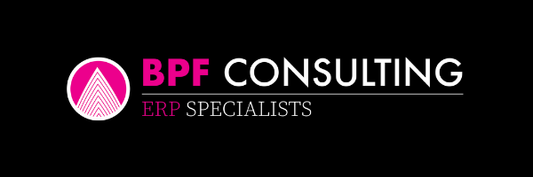 A pink and white logo for bpf consulting erp specialists