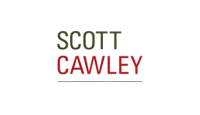 The logo for scott cawley is red and green on a white background.