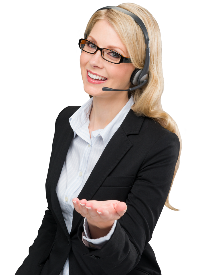 A Virtual Assistant wearing a headset is smiling and holding out her hand