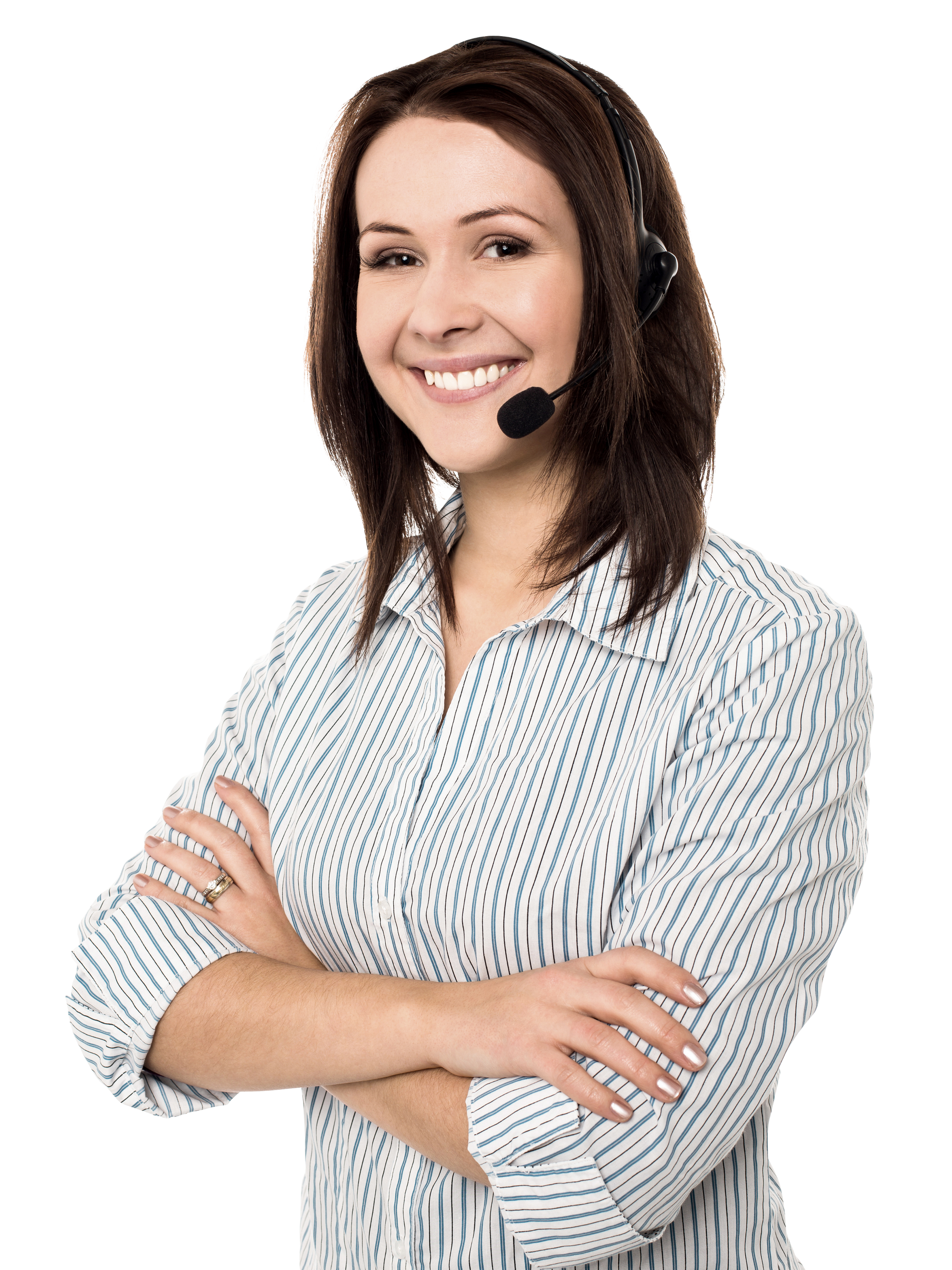 A Virtual Assistant wearing a headset and smiling with her arms crossed.