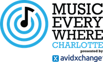 Logo for Music Everywhere Charlotte, presented by AvidXchange, featuring a black musical note inside blue concentric circles.