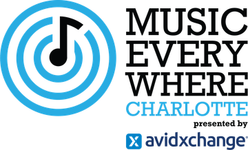 Logo for Music Everywhere Charlotte, presented by AvidXchange, featuring a black musical note inside blue concentric circles.