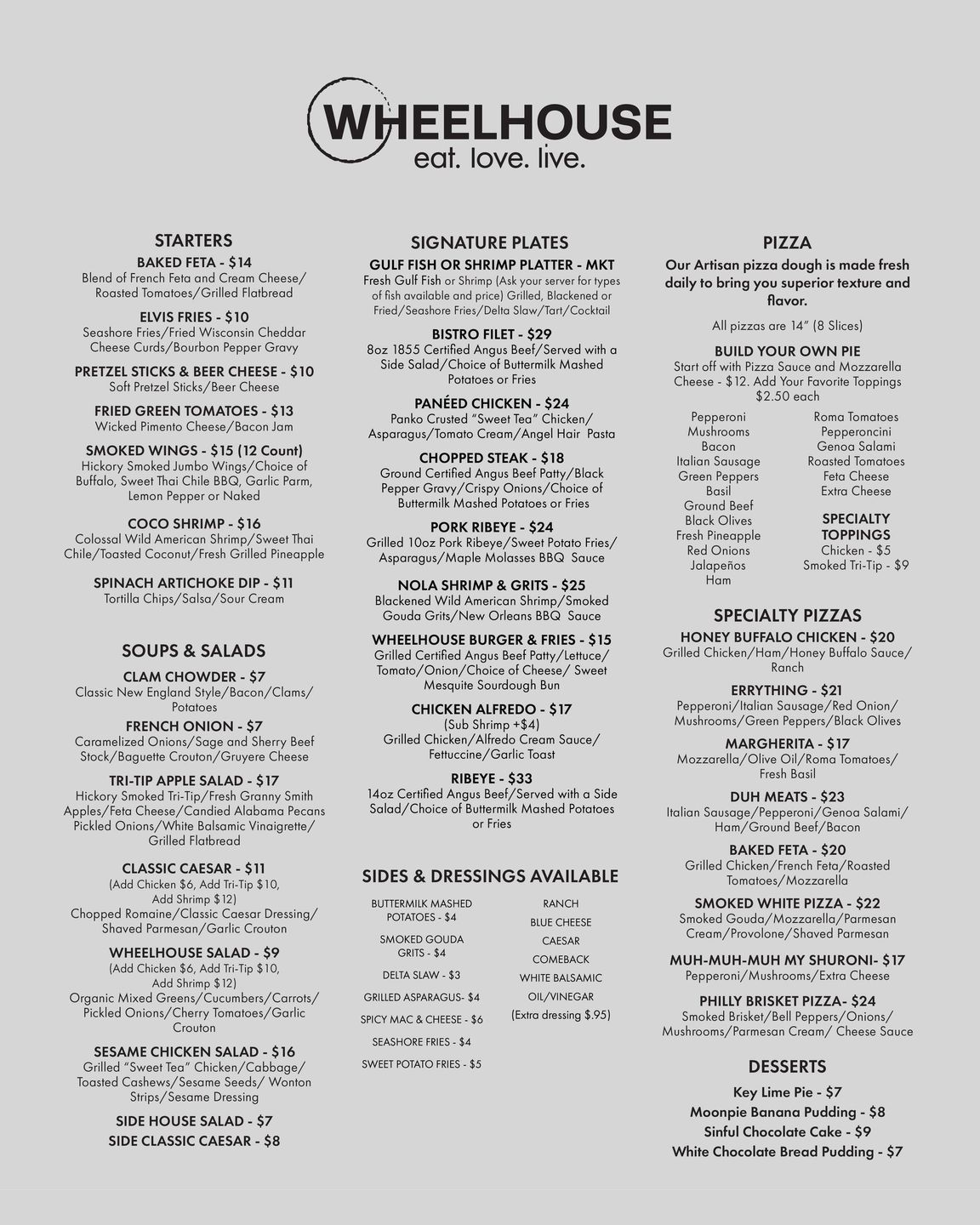 Spring/Summer menu for Wheelhouse restaurant. 