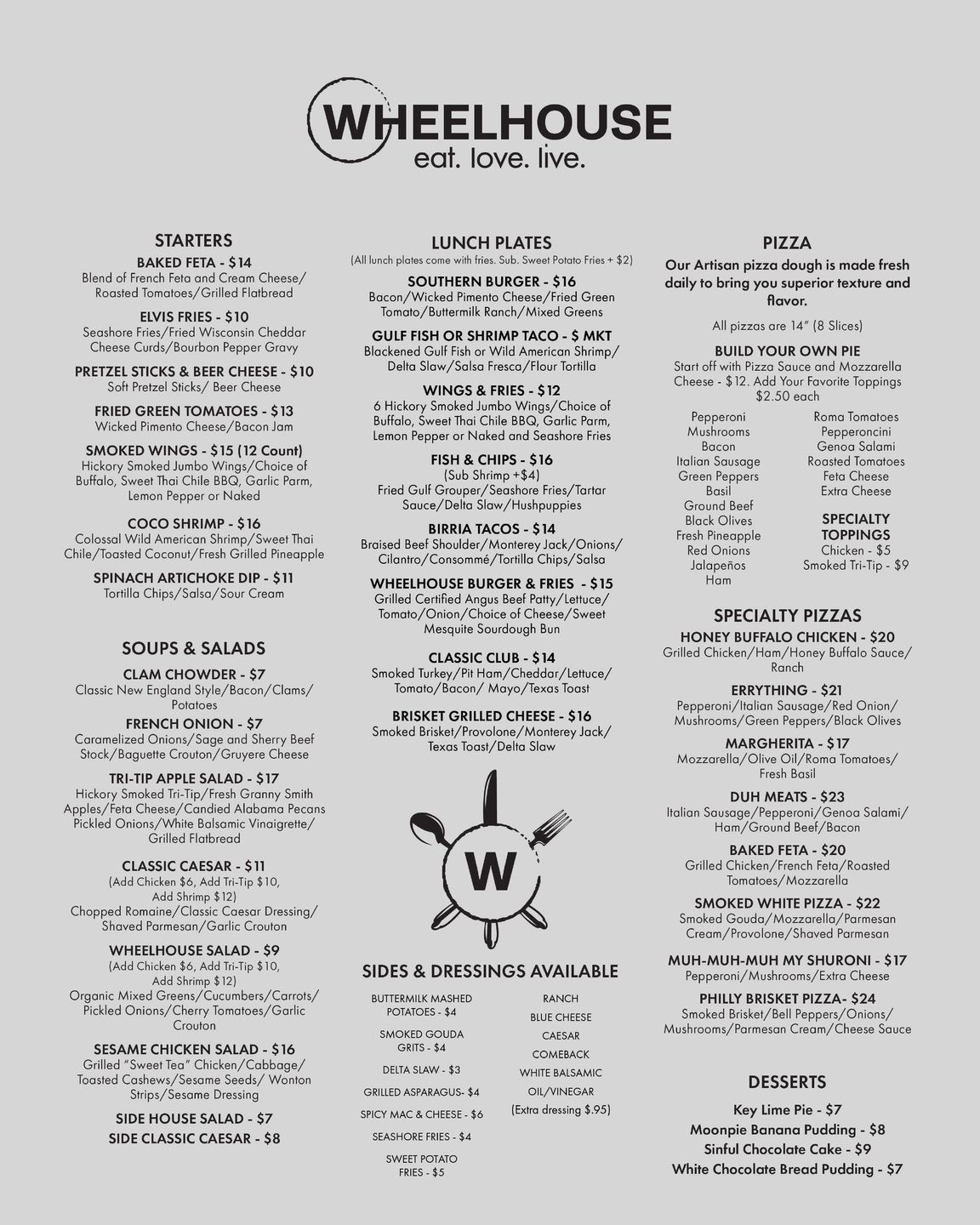 Spring/Summer menu for Wheelhouse restaurant. 