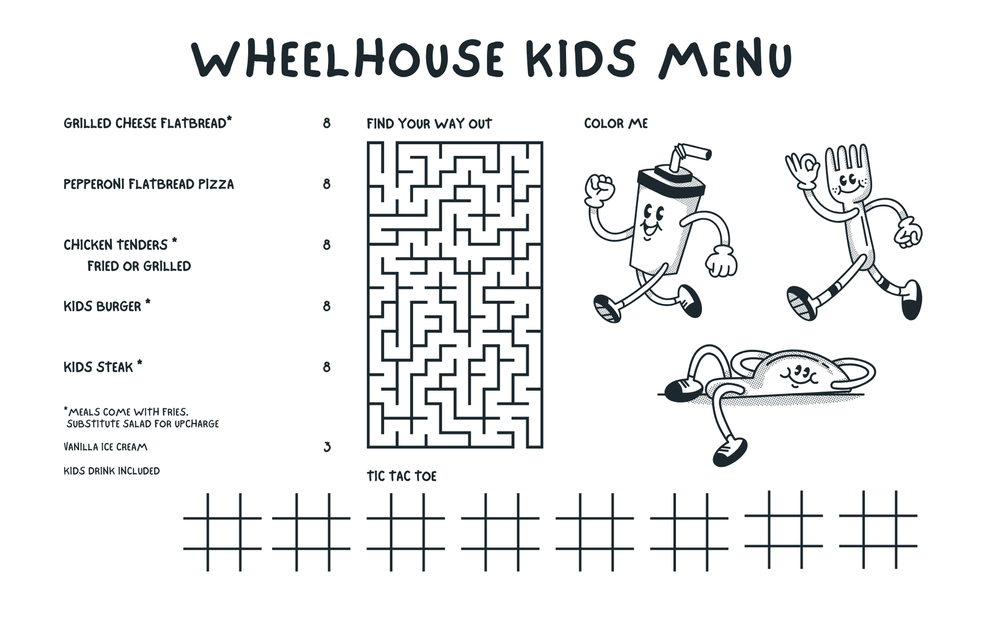 Wheelhouse kids menu featuring a food list, a maze, cartoon characters to color, and tic-tac-toe grids.