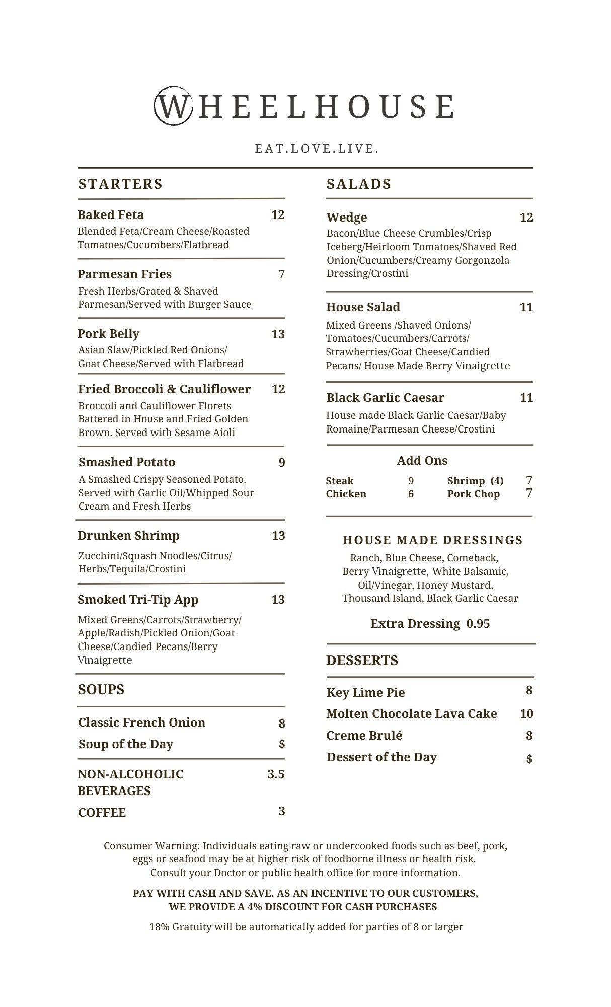 Spring/Summer menu for Wheelhouse restaurant.