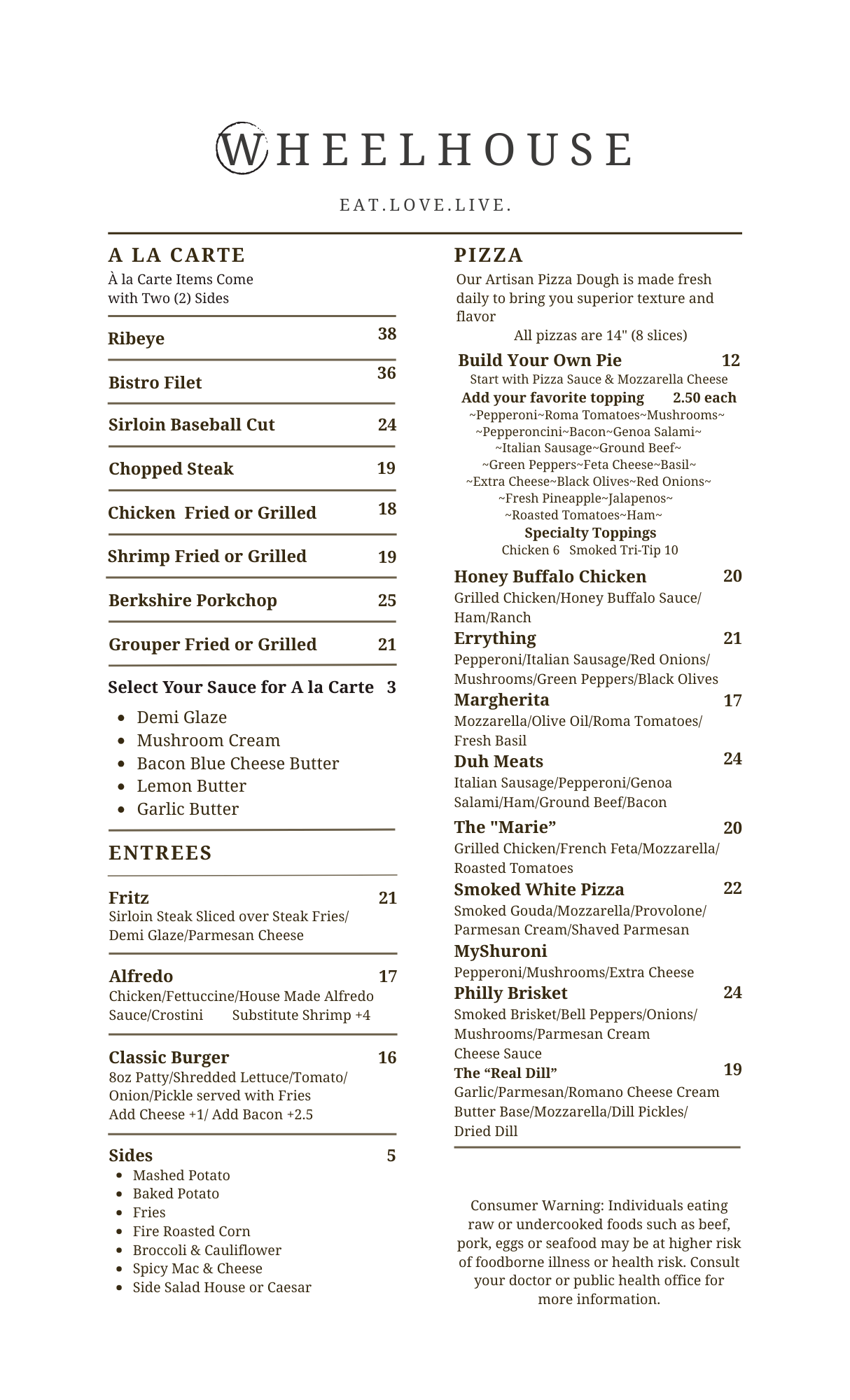 Menu for Wheelhouse restaurant featuring A La Carte, Entrees, and Pizza sections with listed prices and food descriptions.