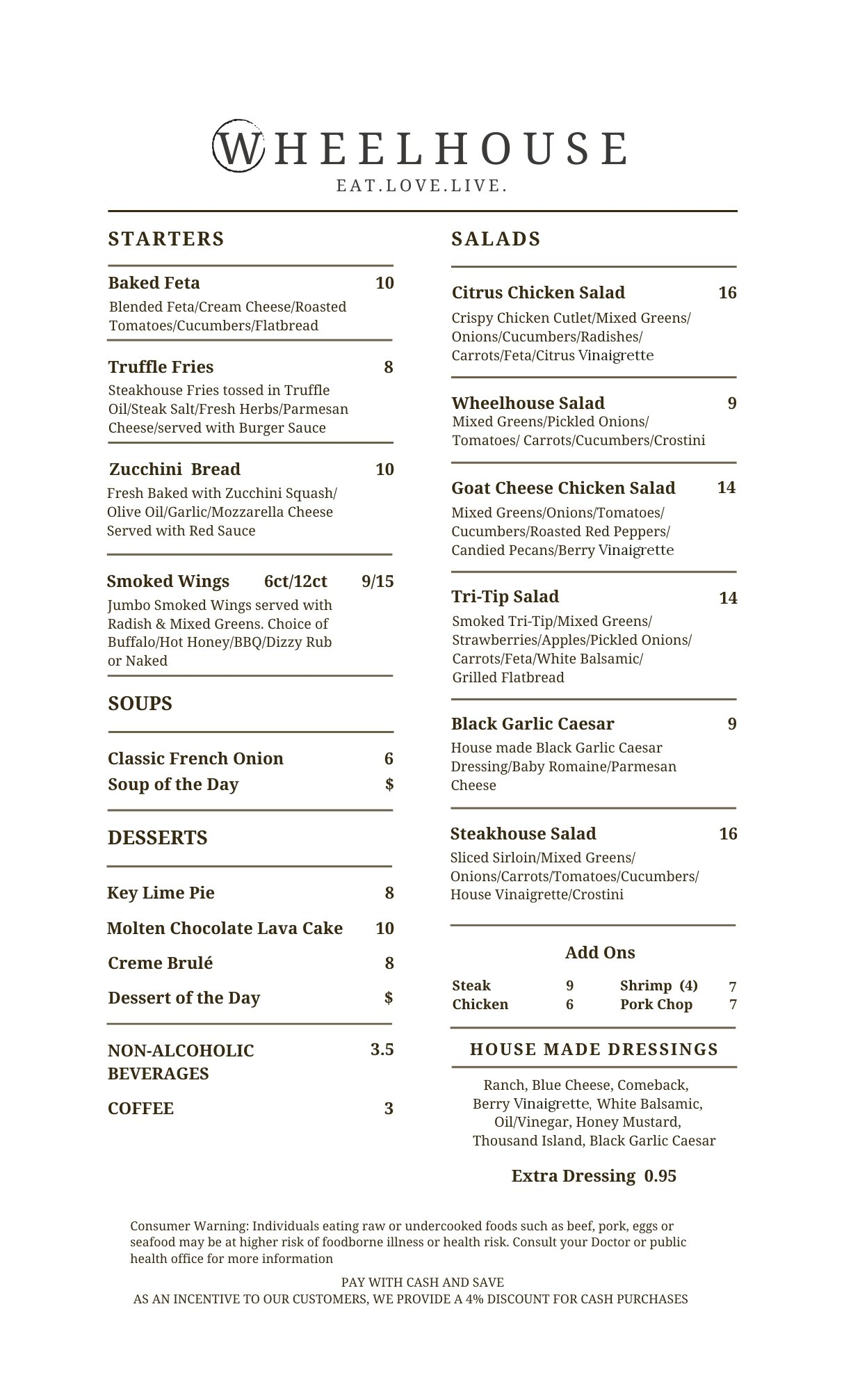 Menu for Wheelhouse, featuring sections for starters, soups, salads, desserts, beverages, and dressing options.