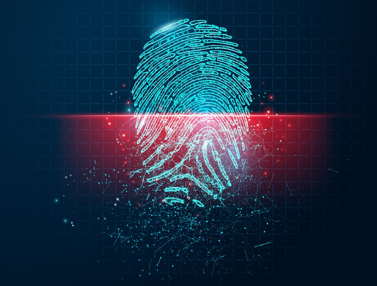 Person's hand using a fingerprint scanner to unlock a glass door in an office setting.