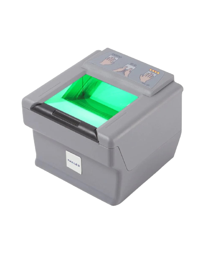 Fingerprint scanner with green light illuminating the scanning area. Gray device with indicator lights.