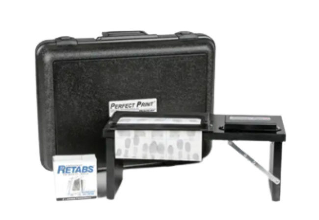 Black fingerprinting kit with case, pad, and ink.