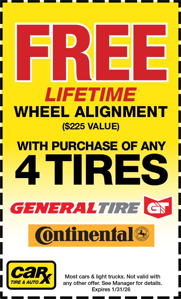 Advertisement: Free lifetime wheel alignment ($225 value) with purchase of 4 tires. Brands: General Tire, Continental, CarX.