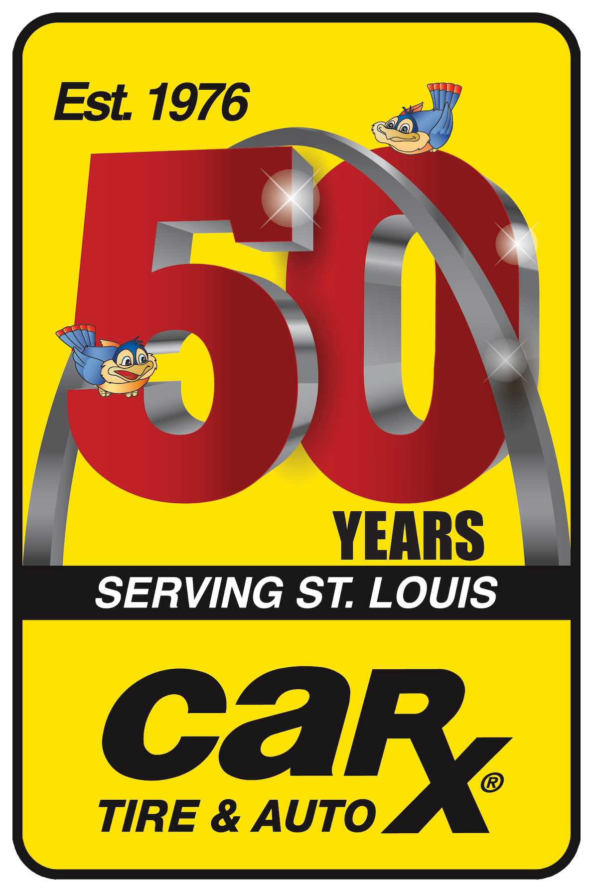 Car-X Tire & Auto logo celebrating 50 years. Yellow background with text and cartoon birds. 
