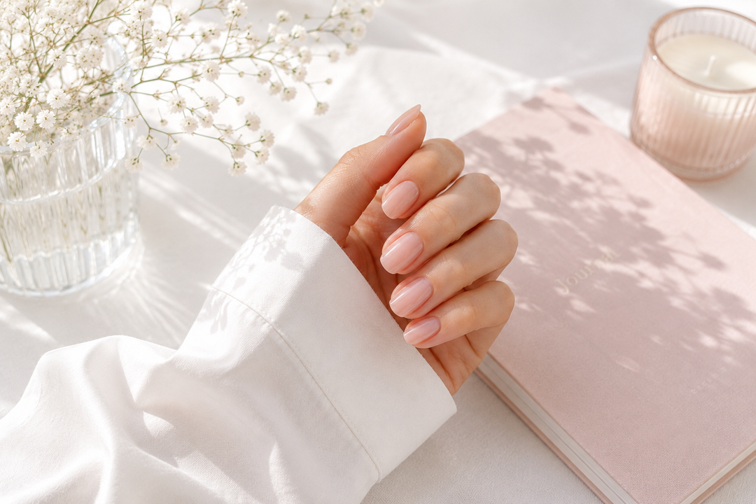 Hands clasped on a soft pink notebook beside a candle and dried flowers in warm sunlight