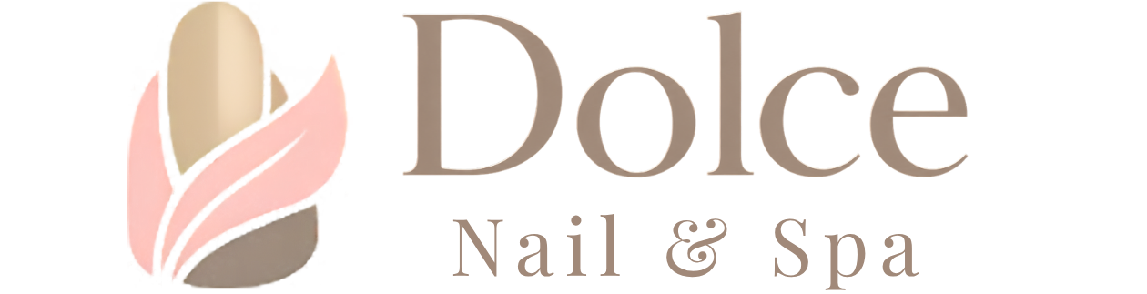 Dolce Nail & Spa logo with pink flower-like icon and beige-brown text on white background