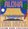 The logo for aloha tiki huts shows a thatched hut on a beach.