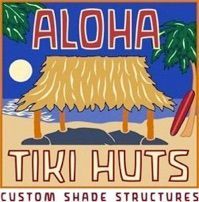 The logo for aloha tiki huts shows a thatched hut on a beach.