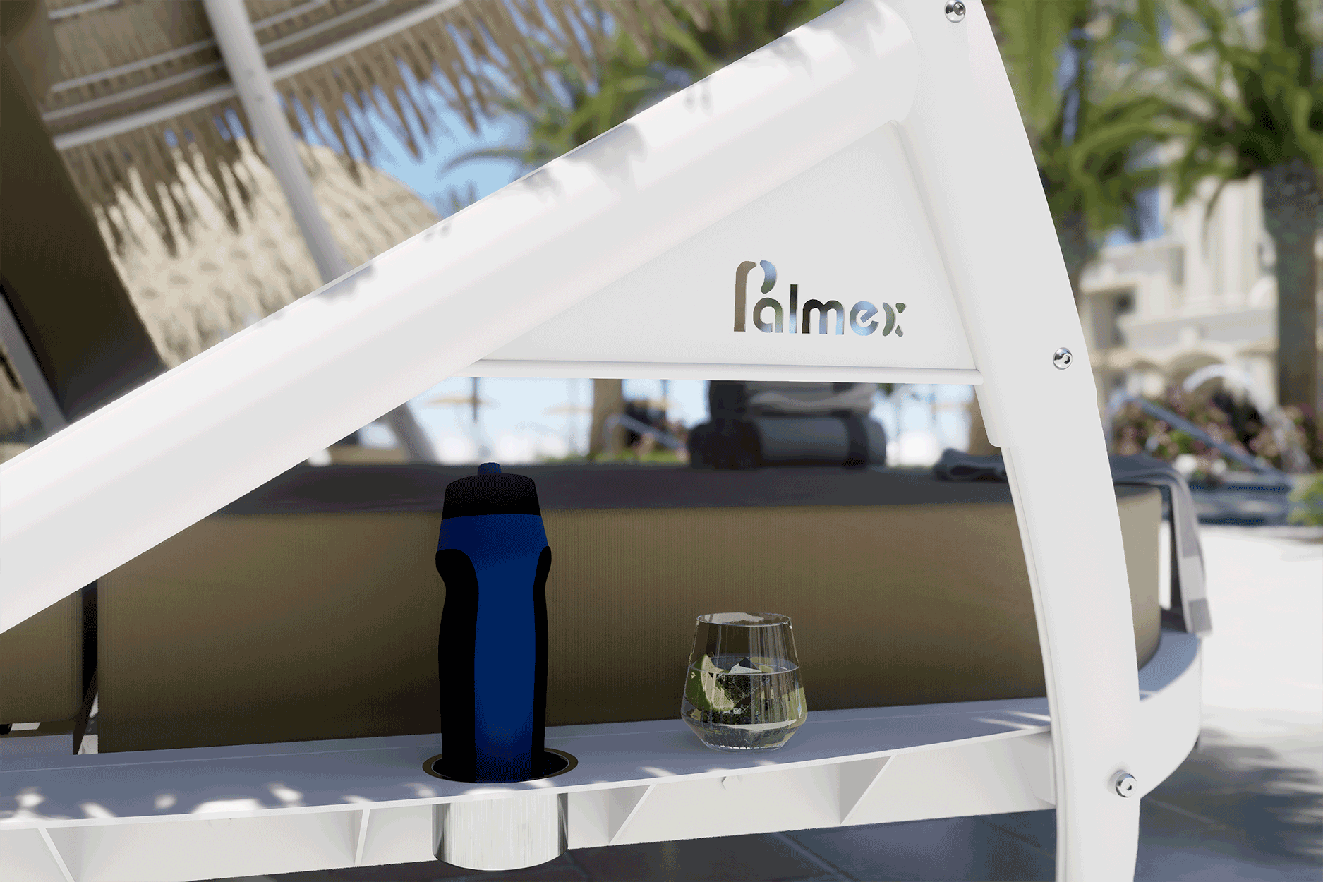 A white chair with a blue water bottle and a glass on it.