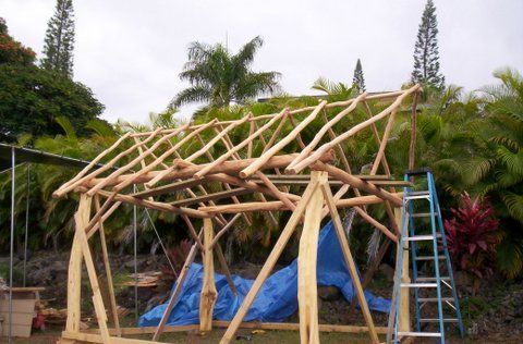 A wooden structure is being built with a ladder in the foreground.