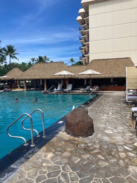 A large swimming pool in front of a building with thatched roofs