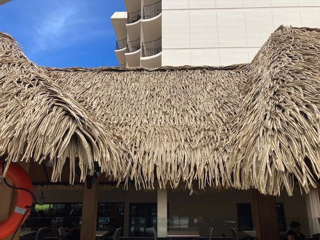 A thatched roof with a life preserver on it