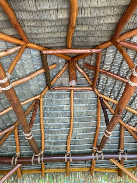 The ceiling of a hut made of wood and thatched roof