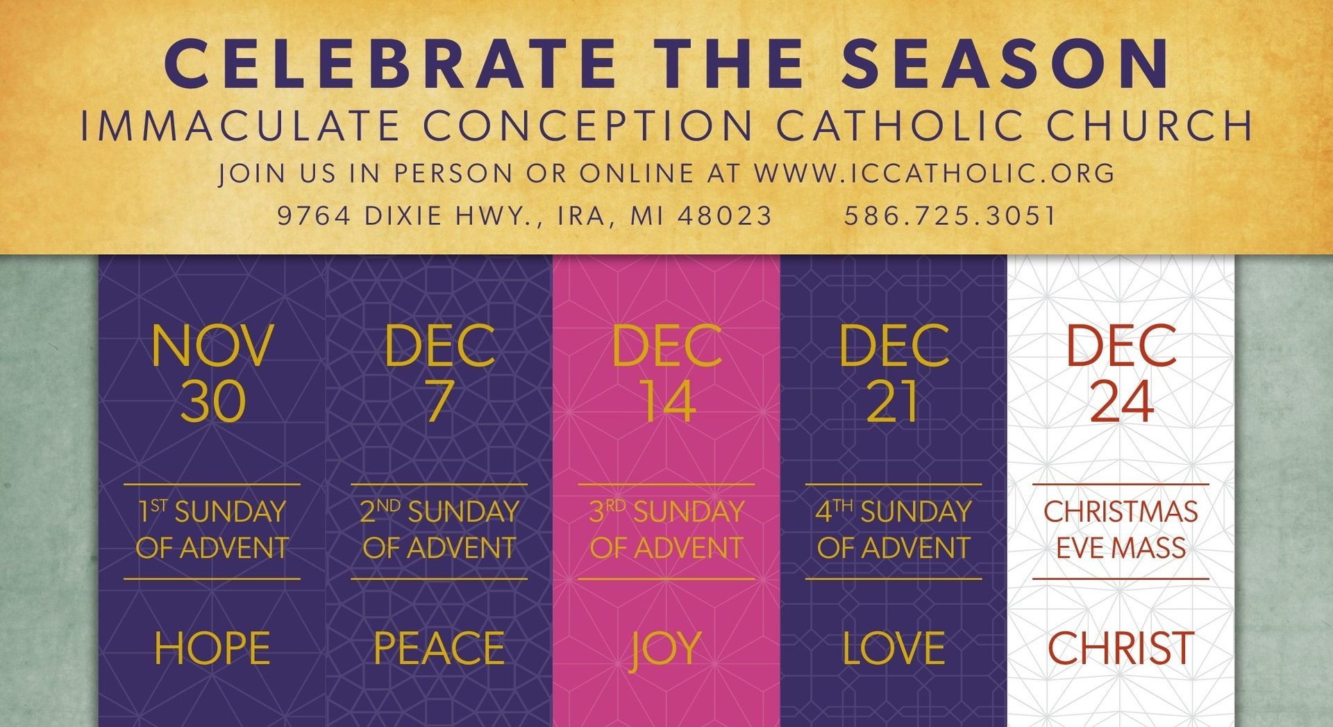 Advertisement for Immaculate Conception Catholic Church celebrating the season with service dates from Nov 30 to Dec 24.