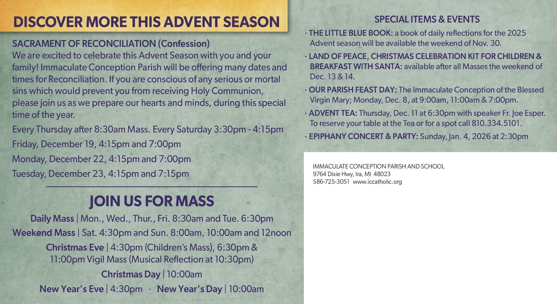 Flyer: Catholic church events, including Advent services, Mass times, and special events during the Christmas season.