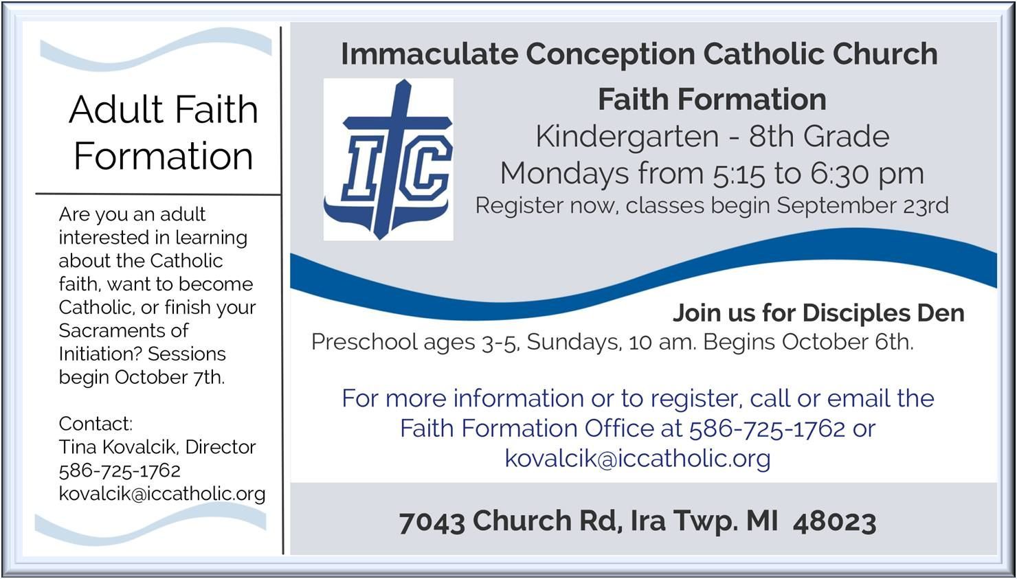 A logo for faith formation with a cross and a bird on a blue background.