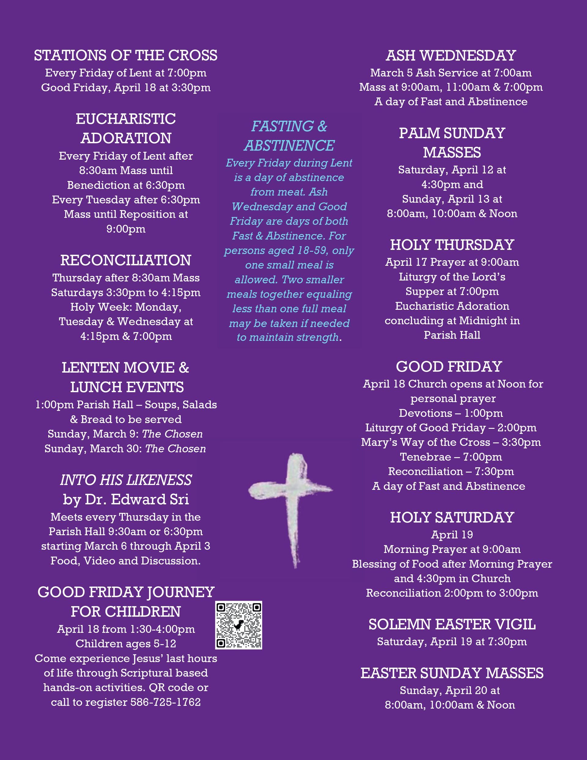 A purple flyer with a white cross and the Lenten Schedule for Immaculate Conception Parish in Ira Twp.