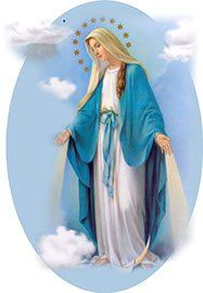 A painting of the virgin mary standing in the clouds.