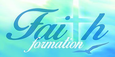 A logo for faith formation with a cross and a bird on a blue background.
