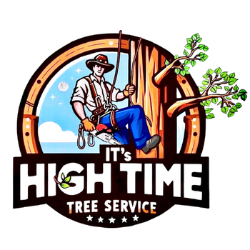 It 's high time tree service logo with a man climbing a tree.