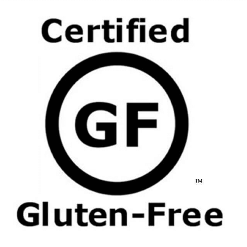 A certified gluten free logo is shown on a white background.