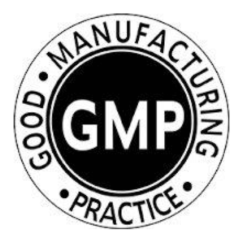 A black and white gmp manufacturing practice stamp on a white background.