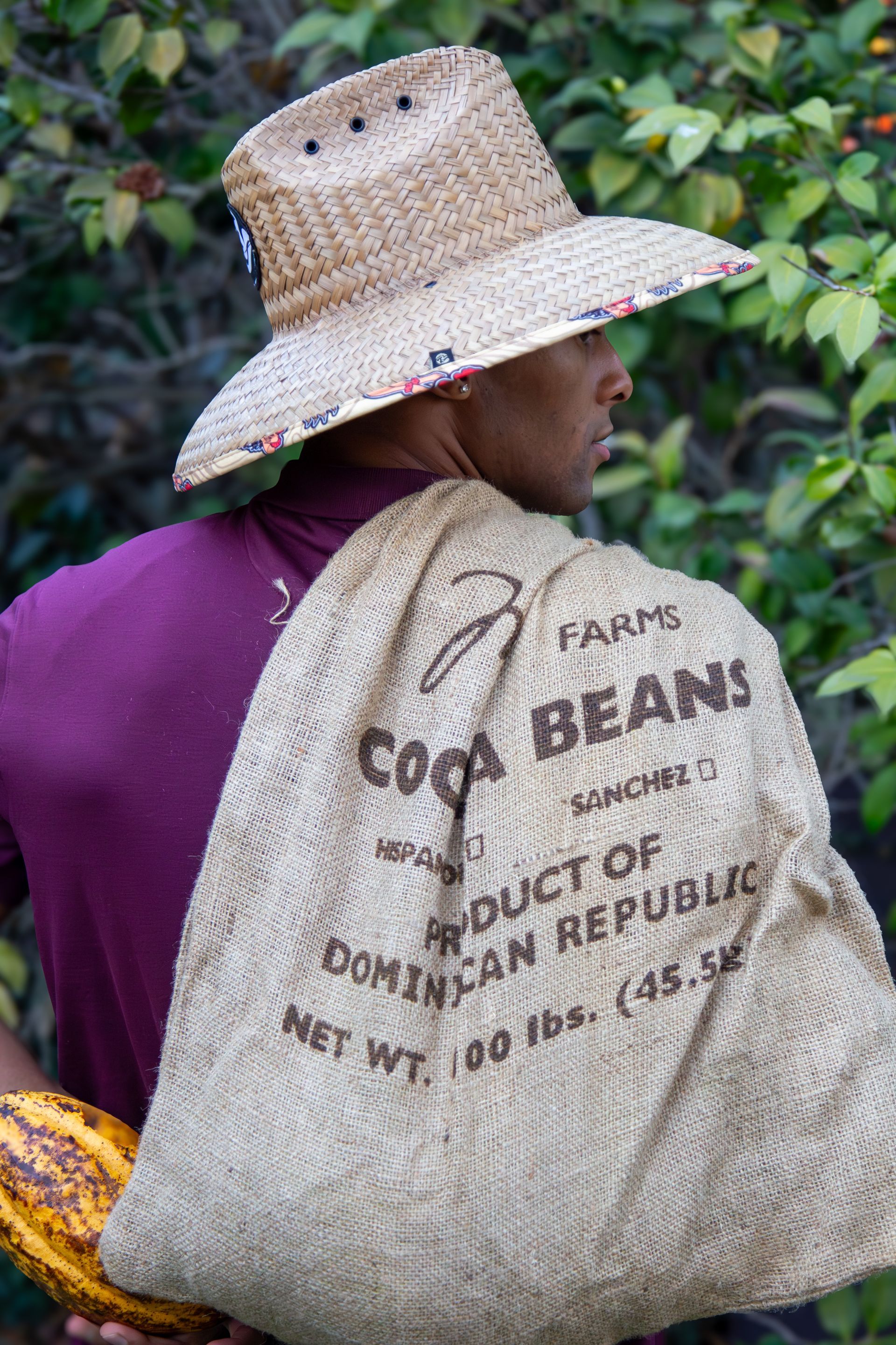 A man wearing a straw hat is carrying a bag of cocoa beans