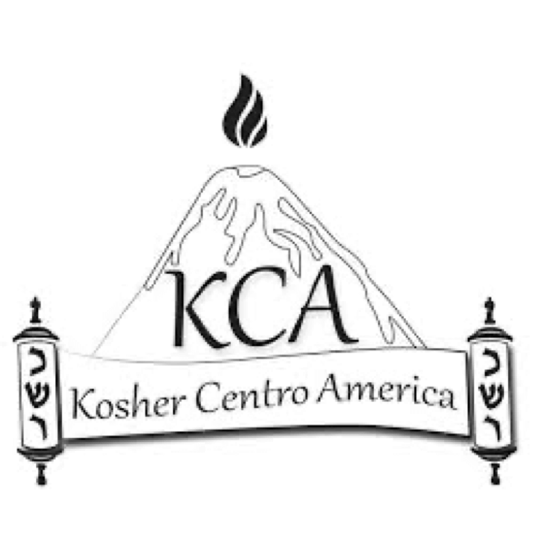 A black and white logo for kosher centro america with a volcano and a flame.