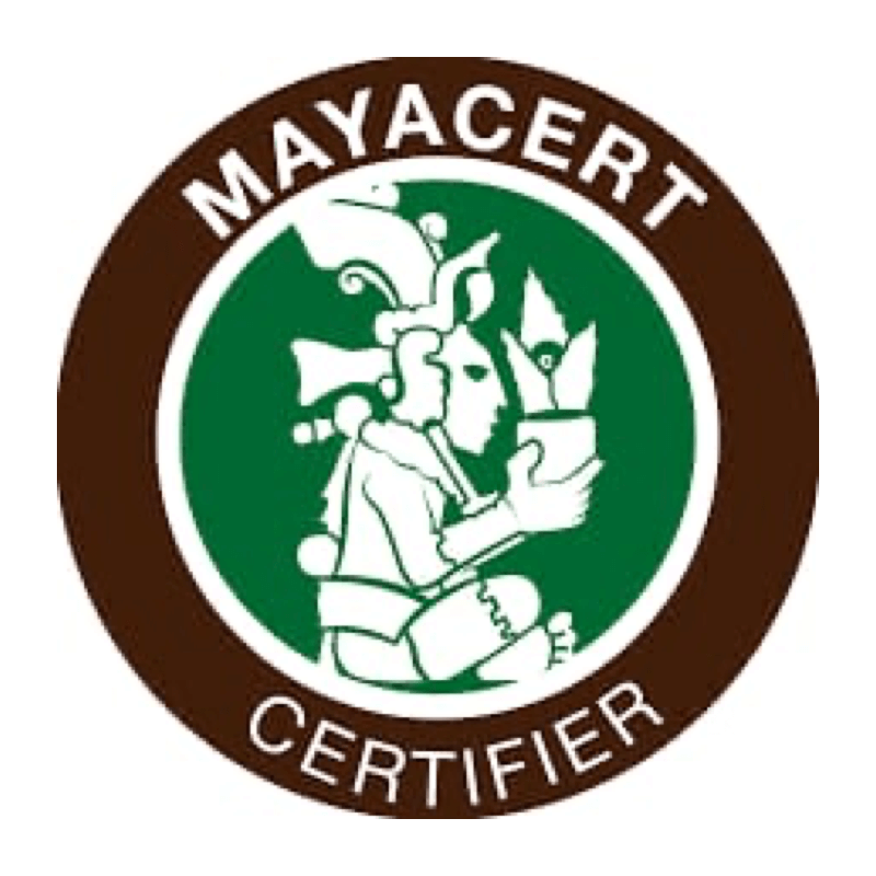 A mayacert certified logo with a man holding a potted plant