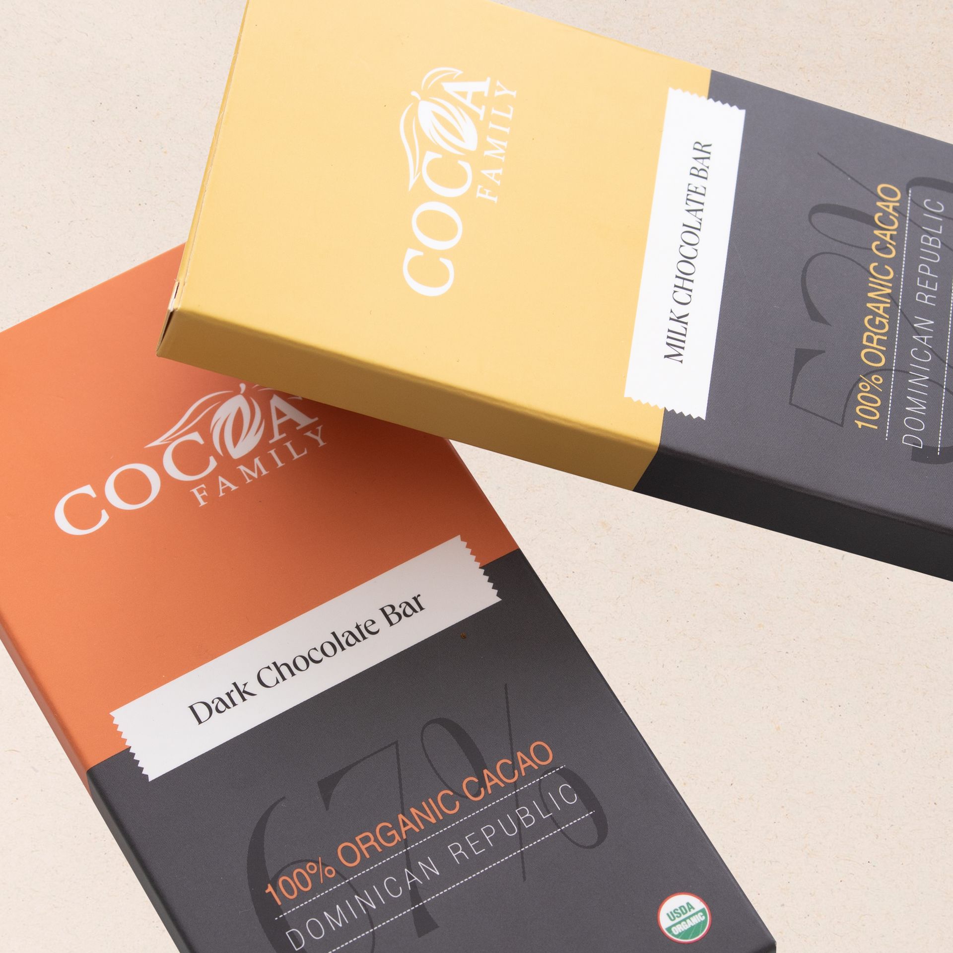 Two boxes of cocoa family dark chocolate bars