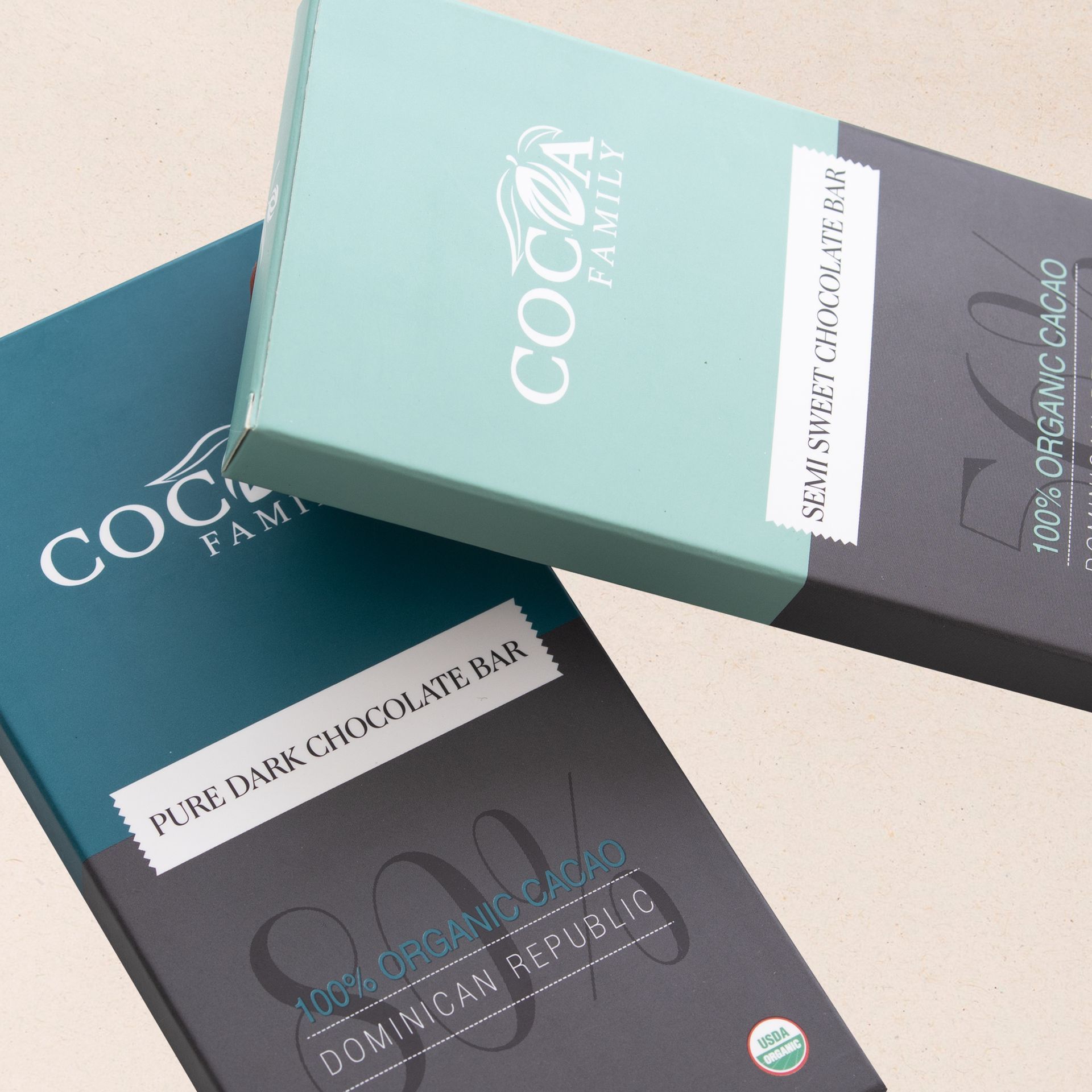 Two cocoa family chocolate bars are stacked on top of each other