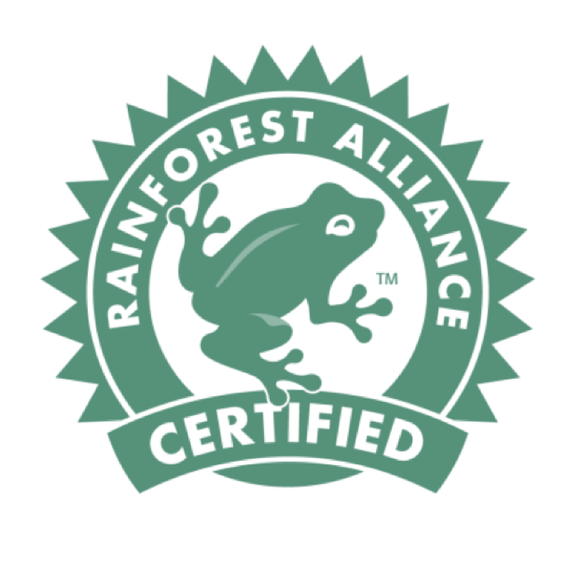 A green rainforest alliance certified logo with a frog