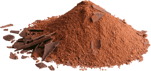 A pile of cocoa powder with chocolate shavings on top